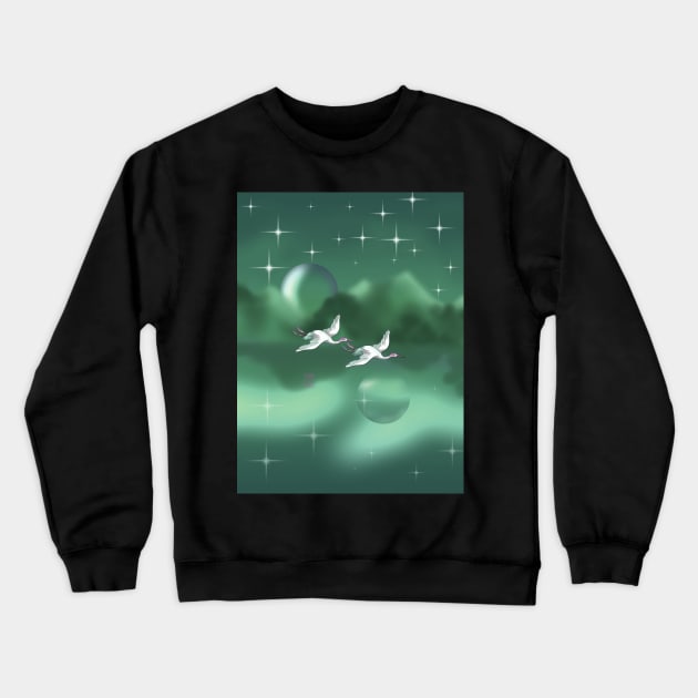 Two Japanese cranes flying over a green lake Crewneck Sweatshirt by cuisinecat